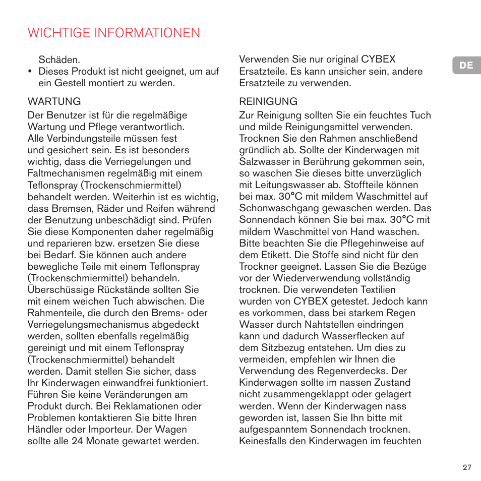 Wichtige informationen | Cybex PRIAM CARRY COT User Manual | Page 28 / 113