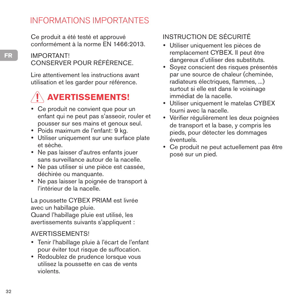 Informations importantes, Avertissements | Cybex PRIAM CARRY COT User Manual | Page 33 / 113