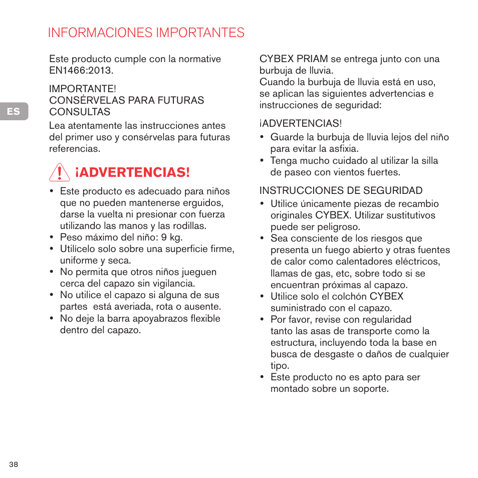 Informaciones importantes, Advertencias | Cybex PRIAM CARRY COT User Manual | Page 39 / 113