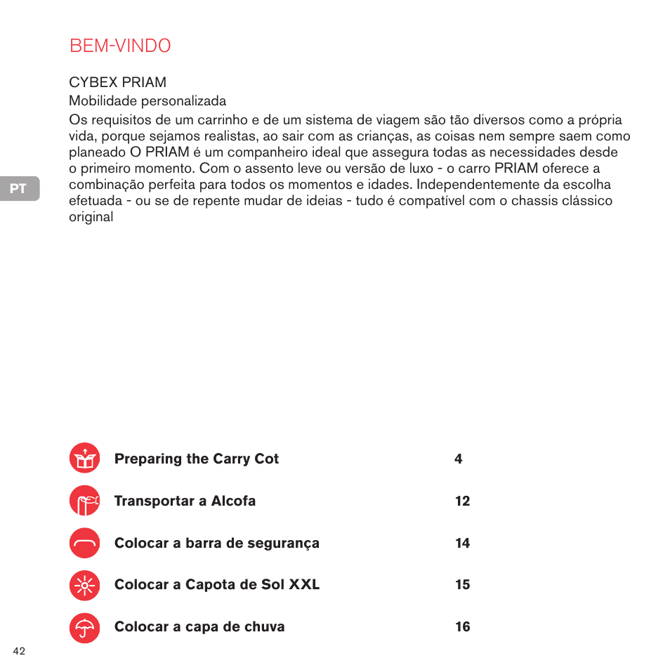 Bem-vindo | Cybex PRIAM CARRY COT User Manual | Page 43 / 113