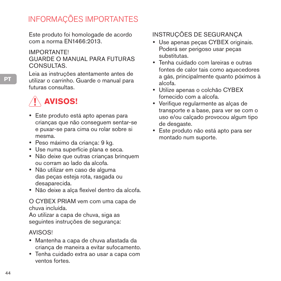 Informações importantes, Avisos | Cybex PRIAM CARRY COT User Manual | Page 45 / 113