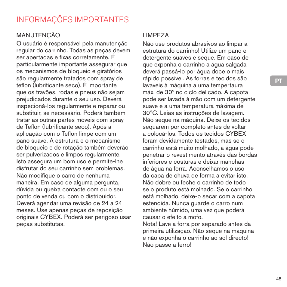 Informações importantes | Cybex PRIAM CARRY COT User Manual | Page 46 / 113