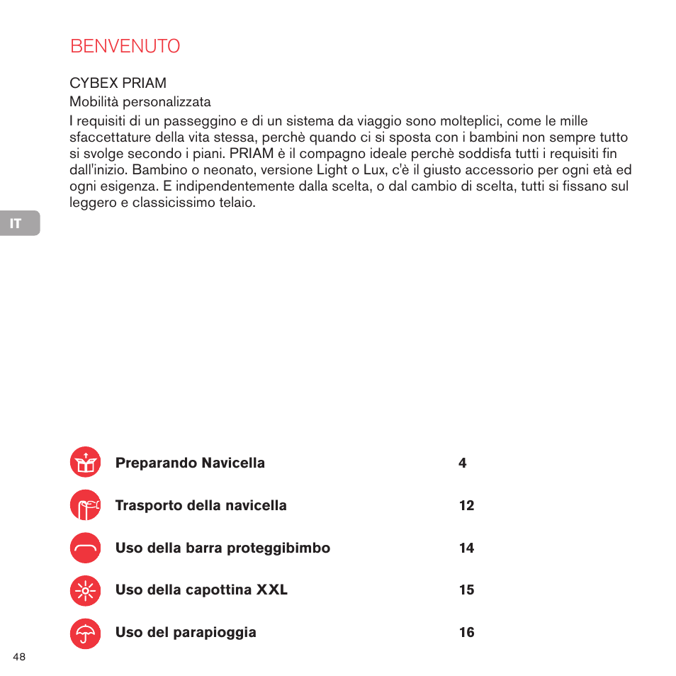 Benvenuto | Cybex PRIAM CARRY COT User Manual | Page 49 / 113