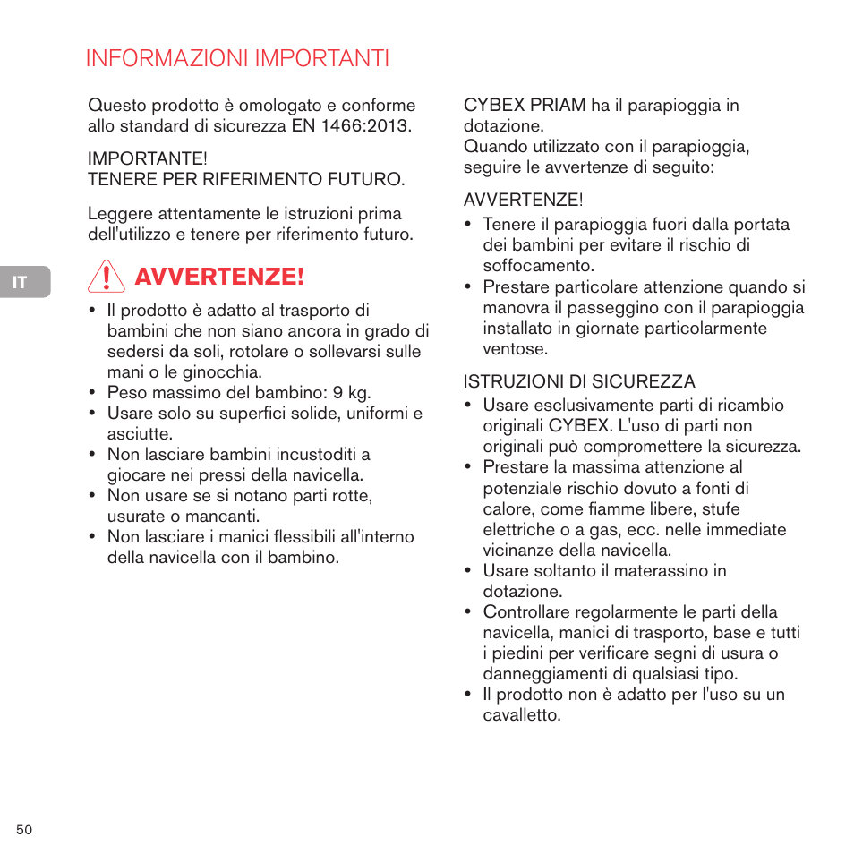 Informazioni importanti, Avvertenze | Cybex PRIAM CARRY COT User Manual | Page 51 / 113