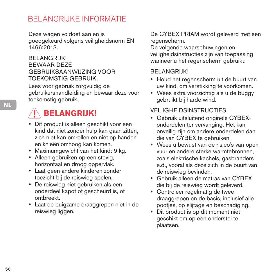 Belangrijke informatie, Belangrijk | Cybex PRIAM CARRY COT User Manual | Page 57 / 113