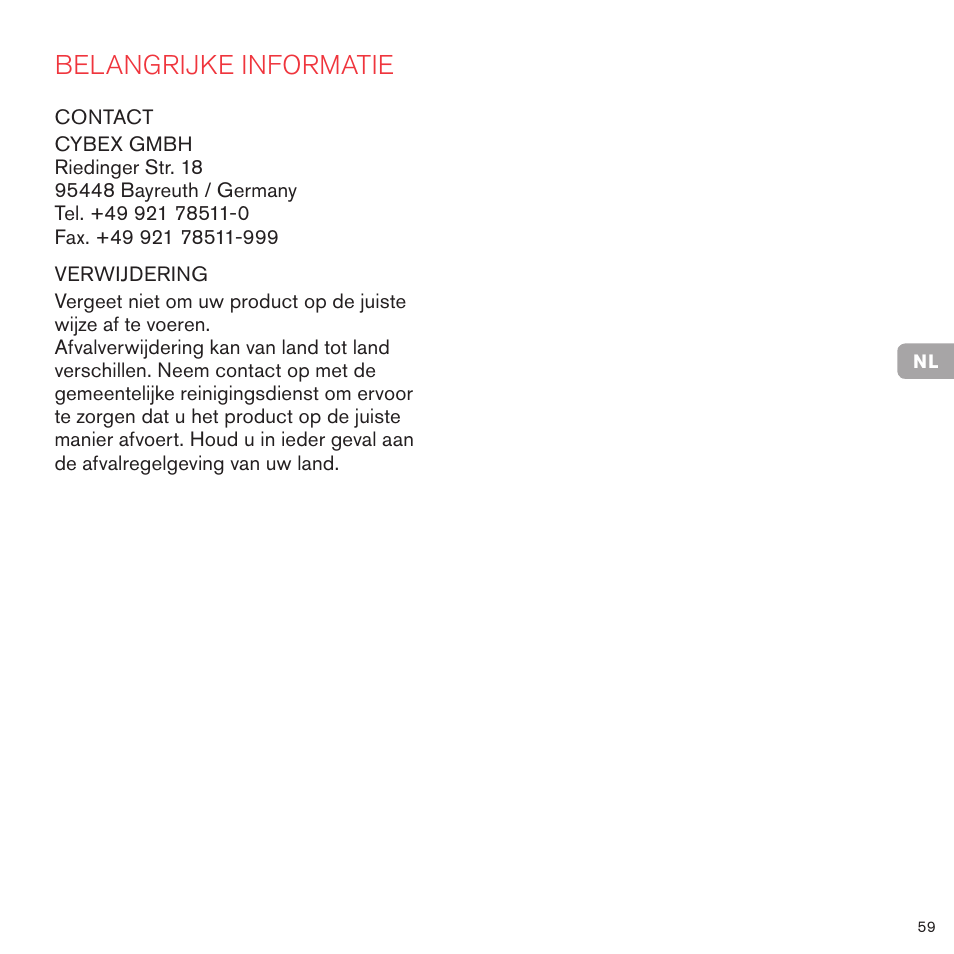 Belangrijke informatie | Cybex PRIAM CARRY COT User Manual | Page 60 / 113