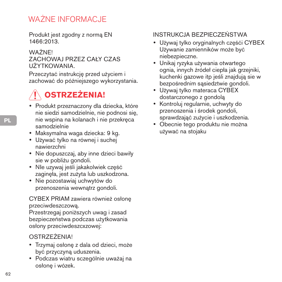 Ważne informacje, Ostrzeżenia | Cybex PRIAM CARRY COT User Manual | Page 63 / 113