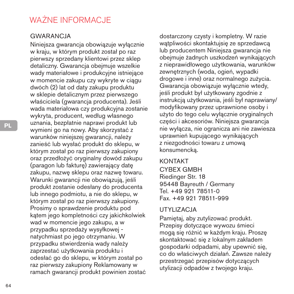 Ważne informacje | Cybex PRIAM CARRY COT User Manual | Page 65 / 113