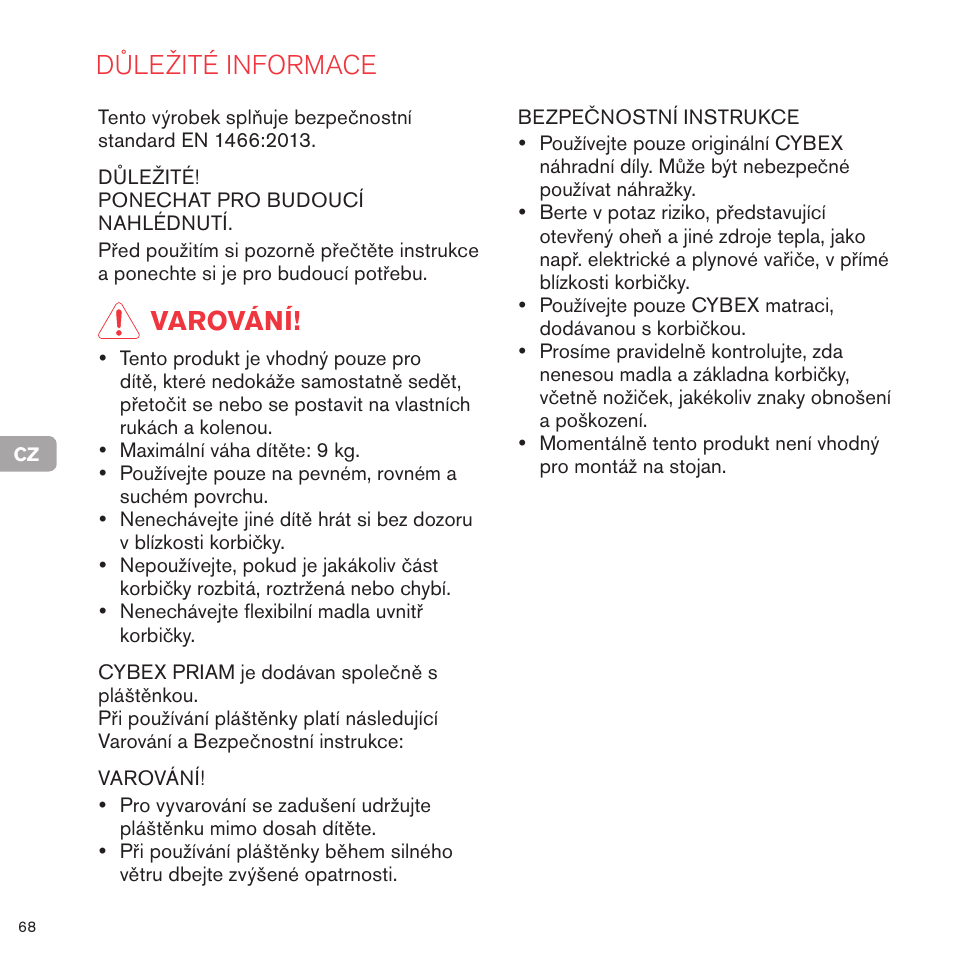 Důležité informace, Varování | Cybex PRIAM CARRY COT User Manual | Page 68 / 113