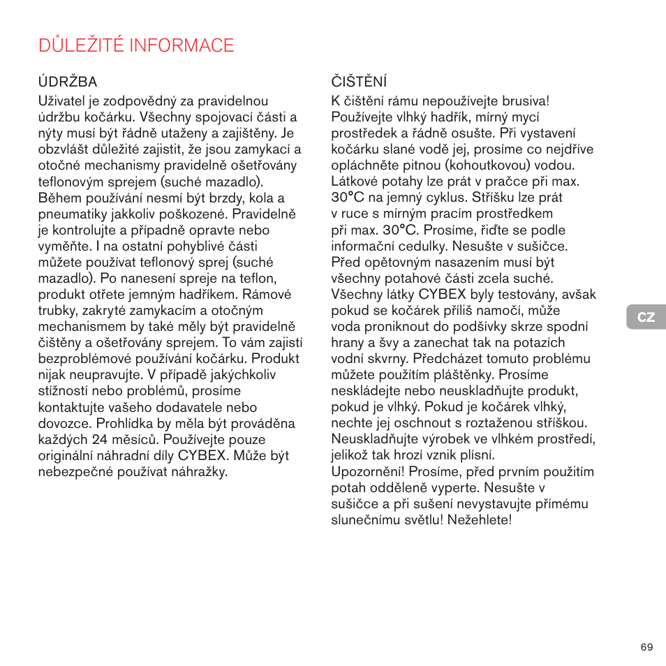 Důležité informace | Cybex PRIAM CARRY COT User Manual | Page 69 / 113