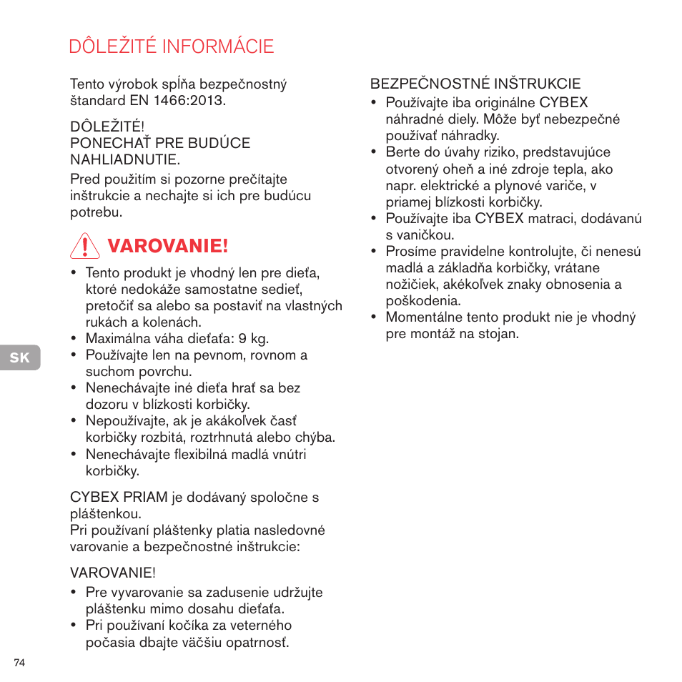 Dôležité informácie, Varovanie | Cybex PRIAM CARRY COT User Manual | Page 73 / 113