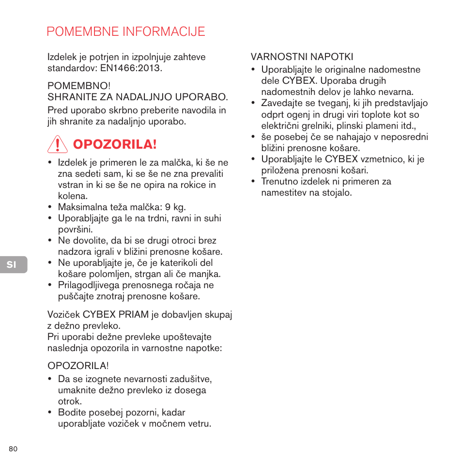 Pomembne informacije, Opozorila | Cybex PRIAM CARRY COT User Manual | Page 78 / 113