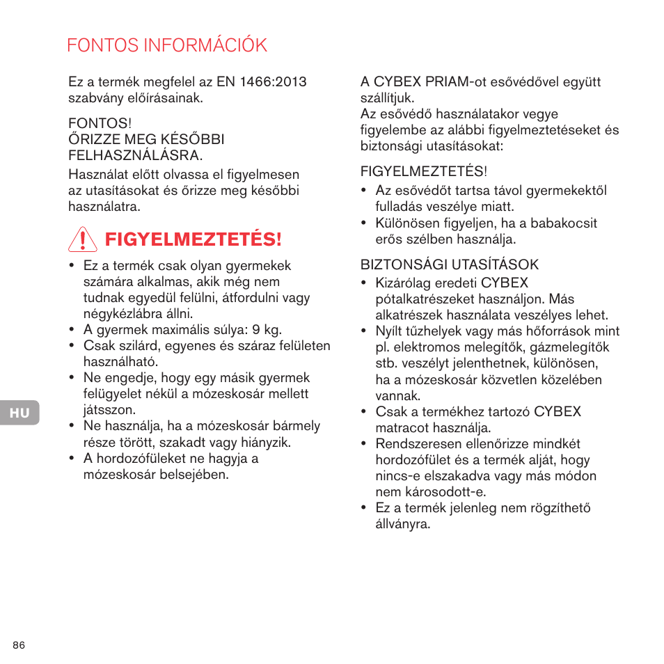 Fontos információk, Figyelmeztetés | Cybex PRIAM CARRY COT User Manual | Page 83 / 113