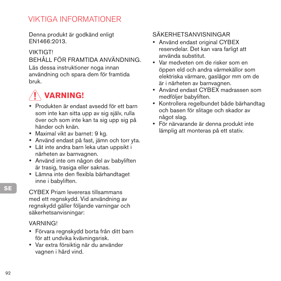 Viktiga informationer, Varning | Cybex PRIAM CARRY COT User Manual | Page 89 / 113