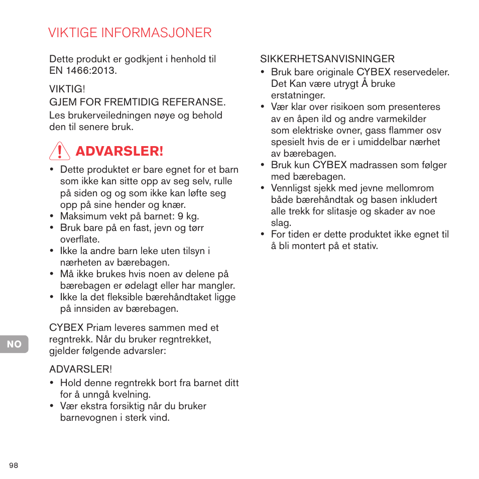 Viktige informasjoner, Advarsler | Cybex PRIAM CARRY COT User Manual | Page 95 / 113