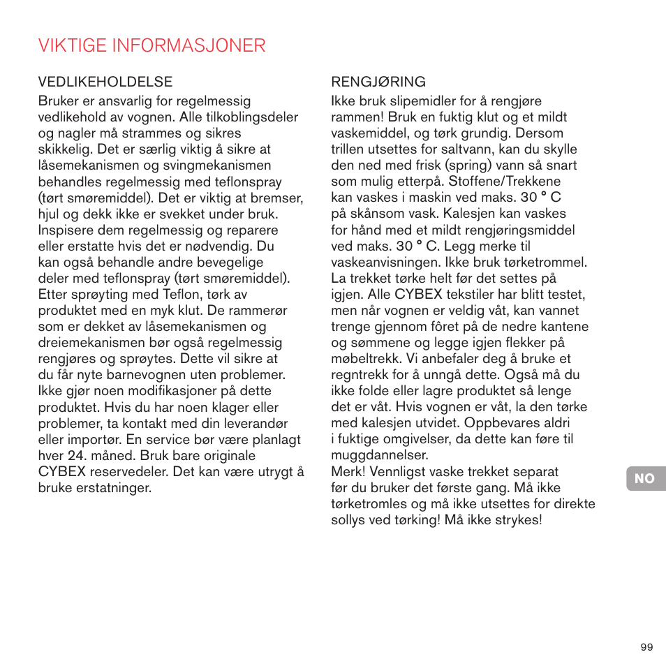 Viktige informasjoner | Cybex PRIAM CARRY COT User Manual | Page 96 / 113