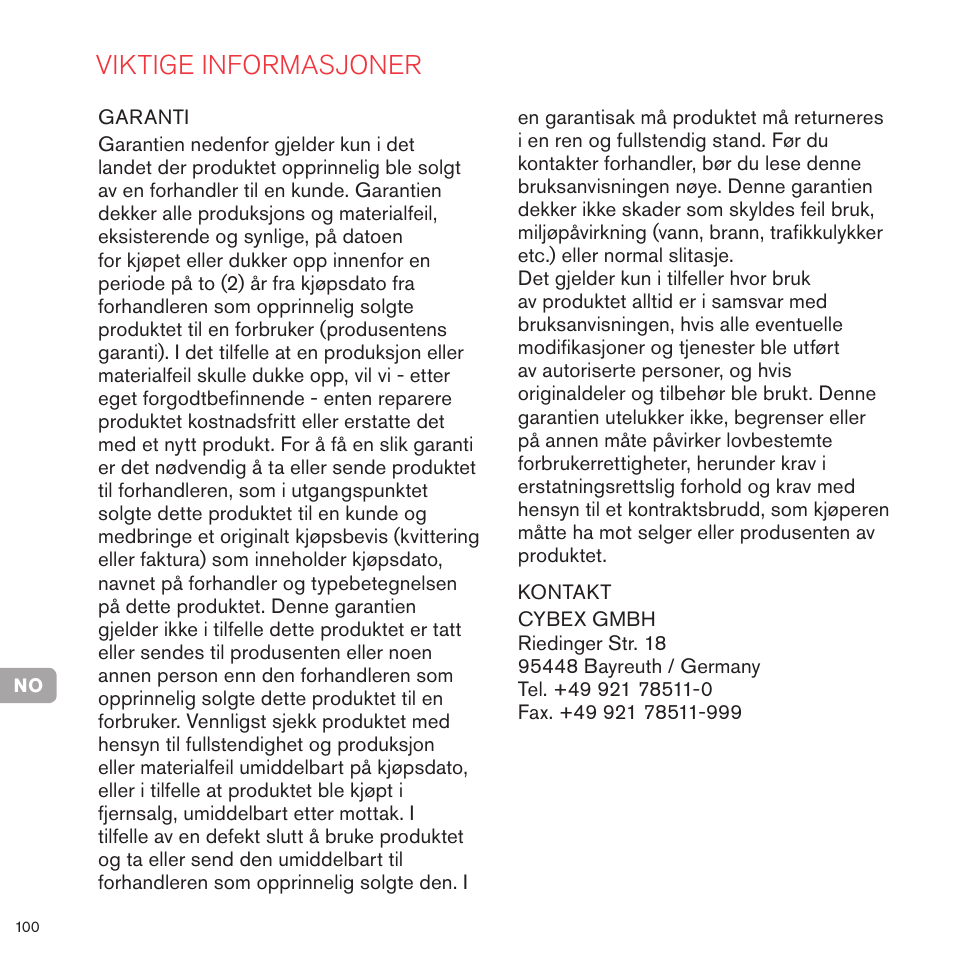 Viktige informasjoner | Cybex PRIAM CARRY COT User Manual | Page 97 / 113