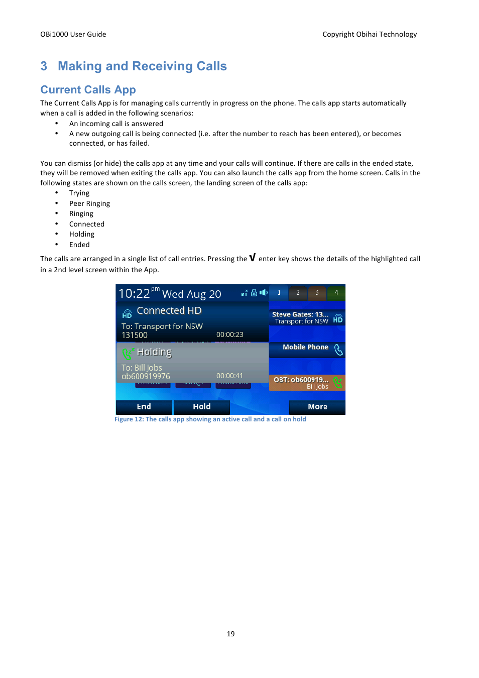 3 making and receiving calls, Current calls app | Obihai OBi1000 User Guide User Manual | Page 19 / 62