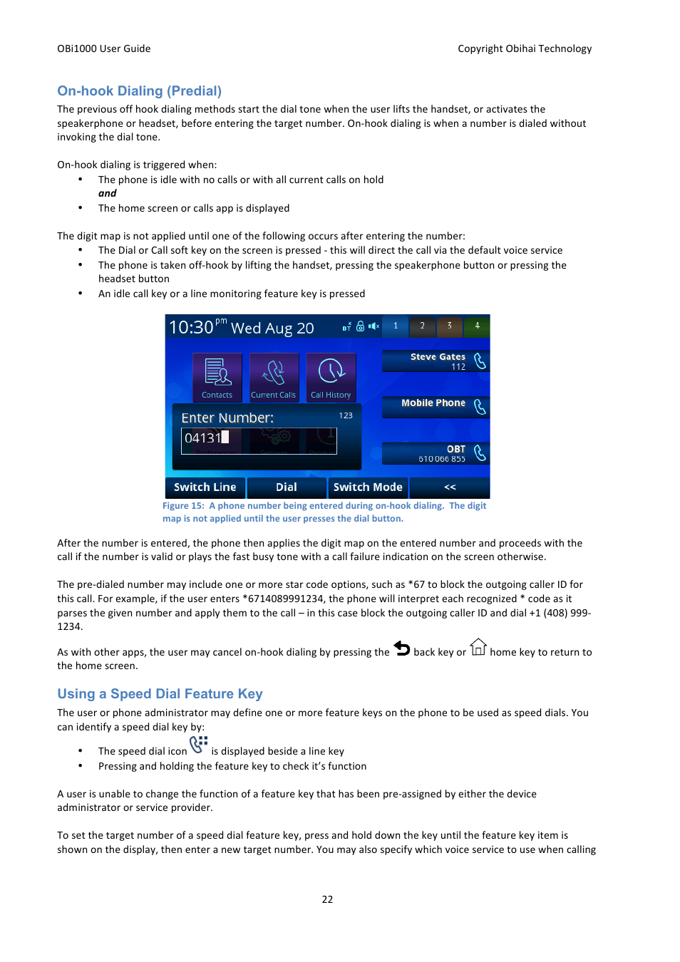 On-hook dialing (predial), Using a speed dial feature key | Obihai OBi1000 User Guide User Manual | Page 22 / 62