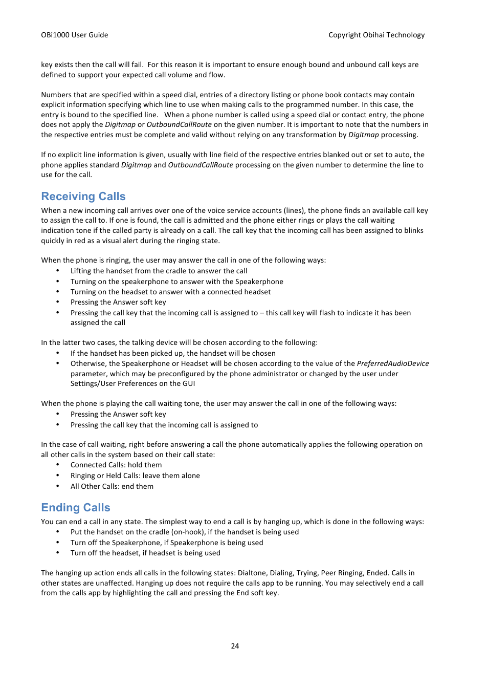 Receiving calls, Ending calls | Obihai OBi1000 User Guide User Manual | Page 24 / 62