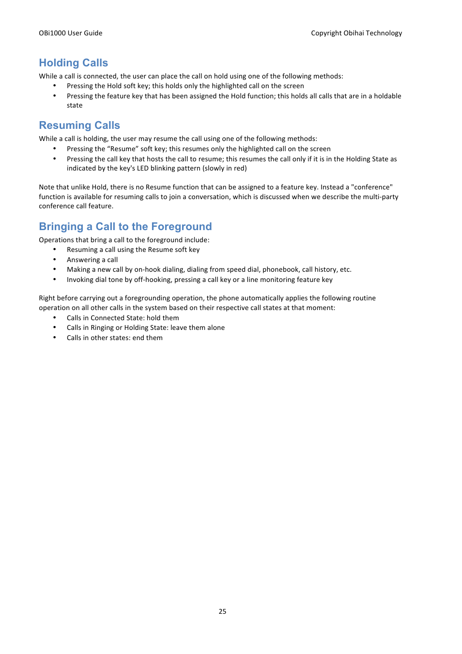 Holding calls, Resuming calls, Bringing a call to the foreground | Obihai OBi1000 User Guide User Manual | Page 25 / 62