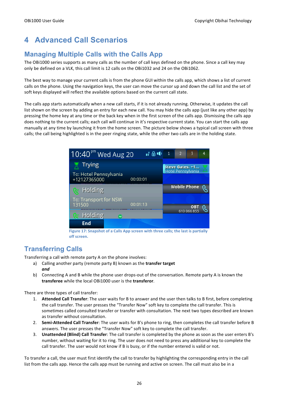 4 advanced call scenarios, Managing multiple calls with the calls app, Transferring calls | Obihai OBi1000 User Guide User Manual | Page 26 / 62