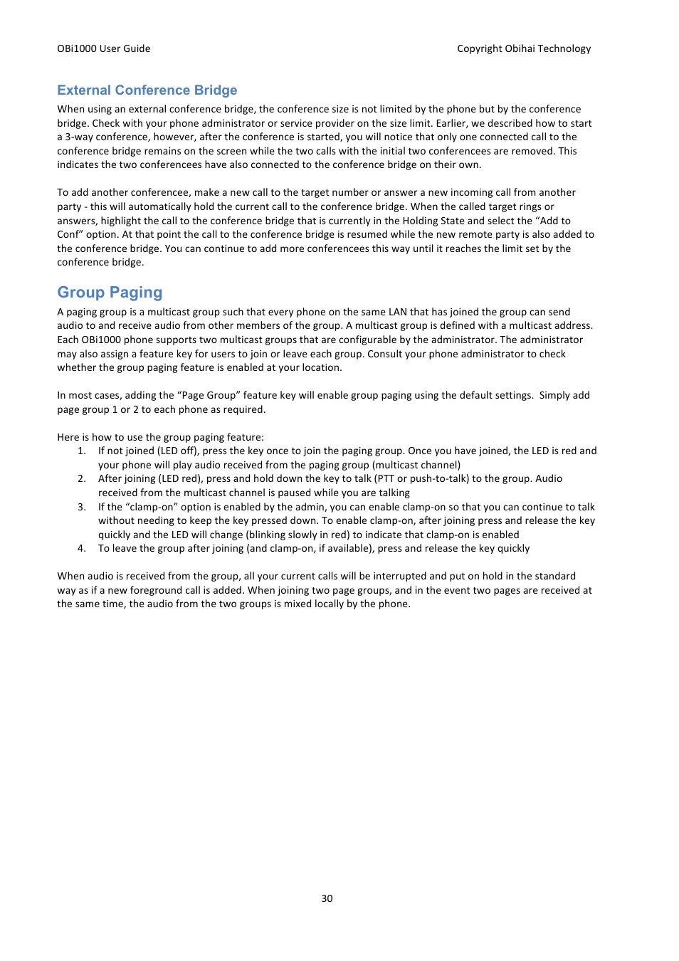 Group paging | Obihai OBi1000 User Guide User Manual | Page 30 / 62