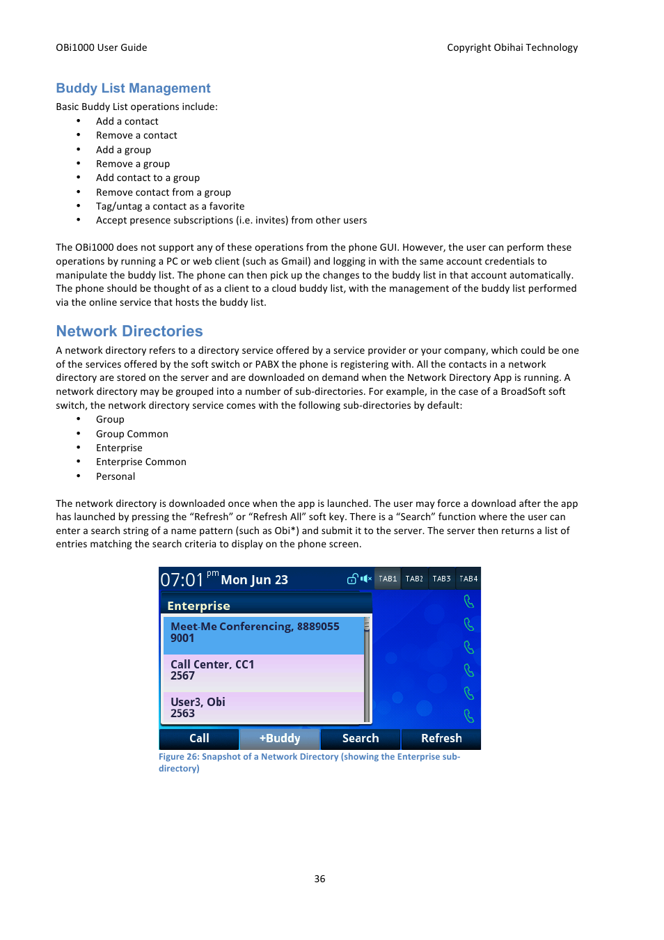 Network directories, Buddy list management | Obihai OBi1000 User Guide User Manual | Page 36 / 62