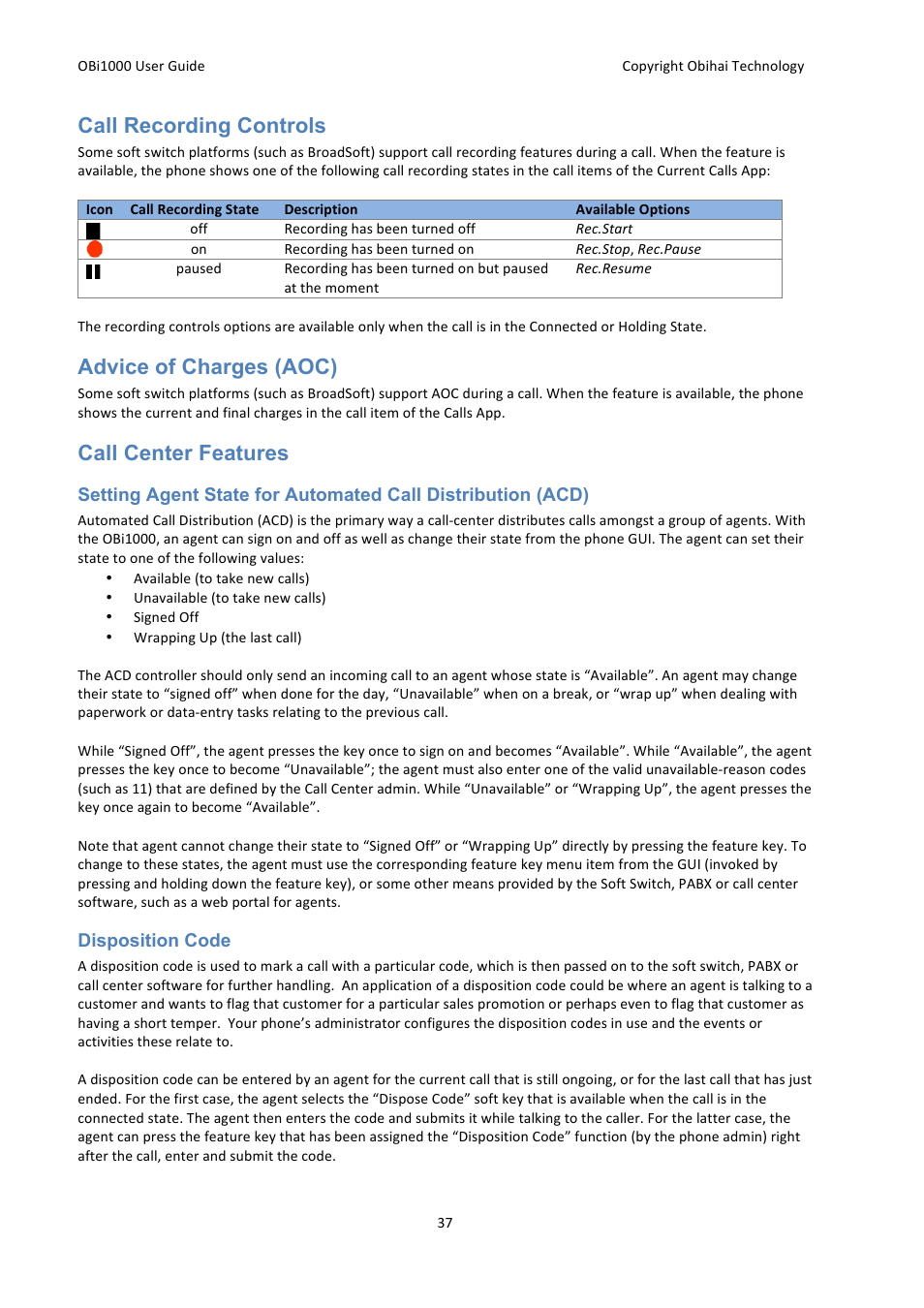 Call recording controls, Advice of charges (aoc), Call center features | Obihai OBi1000 User Guide User Manual | Page 37 / 62