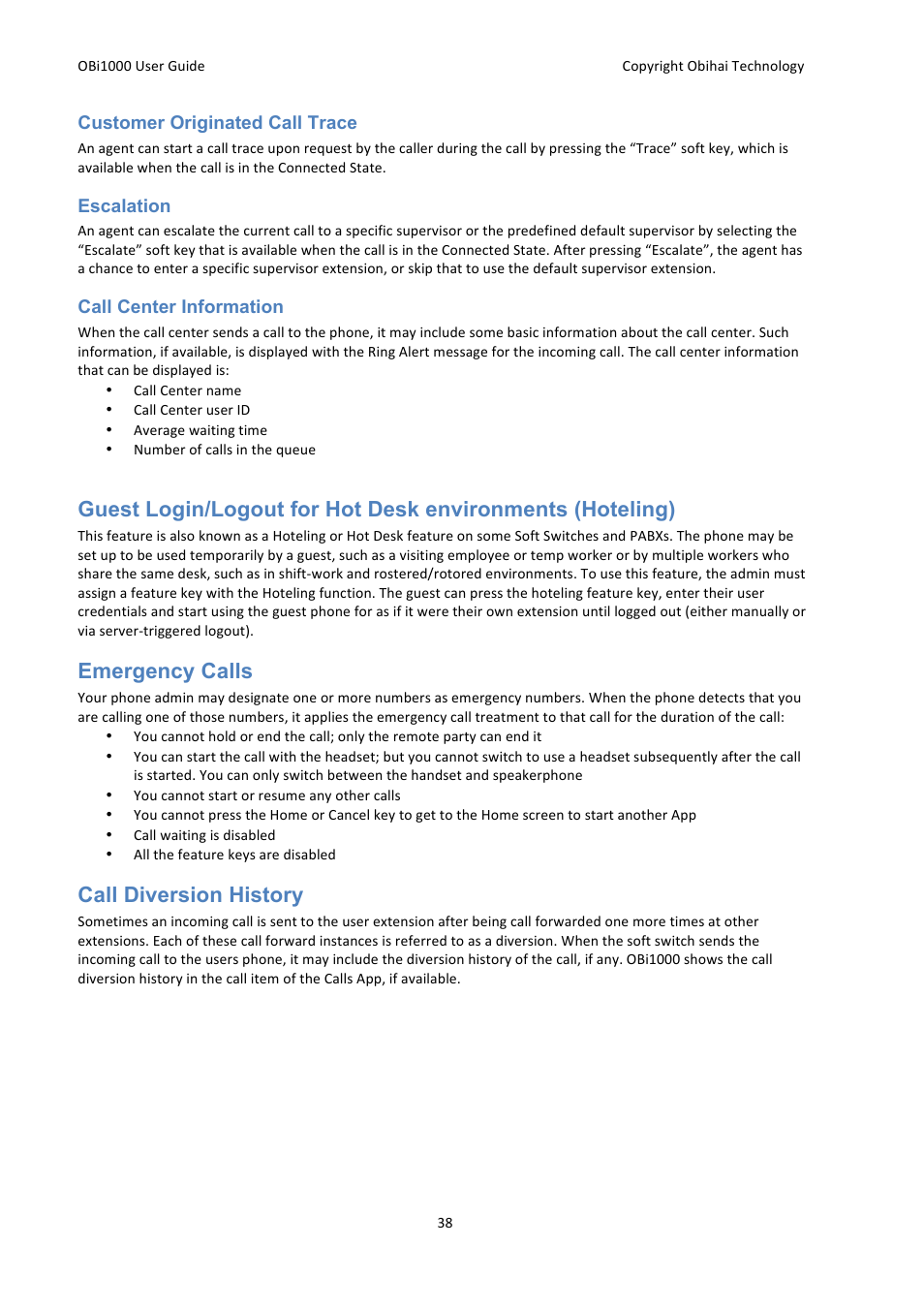 Emergency calls, Call diversion history | Obihai OBi1000 User Guide User Manual | Page 38 / 62