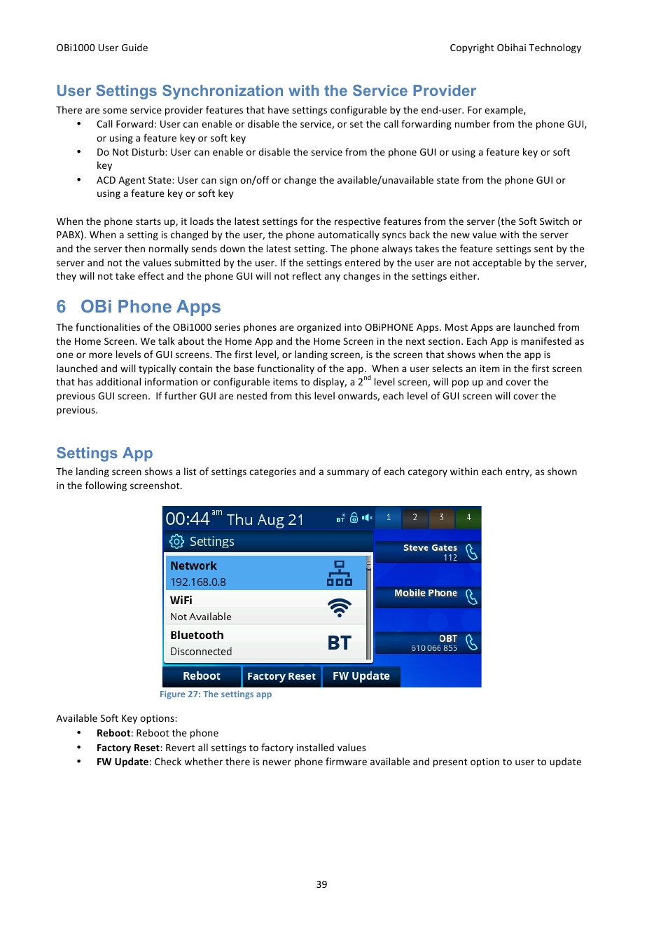 6 obi phone apps, Settings app | Obihai OBi1000 User Guide User Manual | Page 39 / 62
