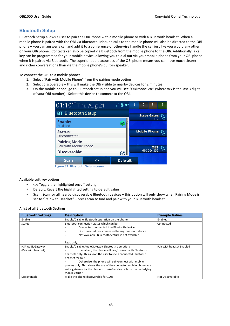 Bluetooth setup | Obihai OBi1000 User Guide User Manual | Page 43 / 62