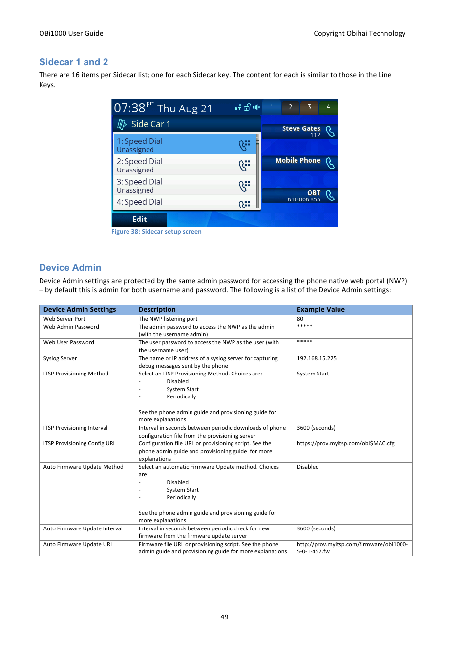 Sidecar 1 and 2, Device admin | Obihai OBi1000 User Guide User Manual | Page 49 / 62