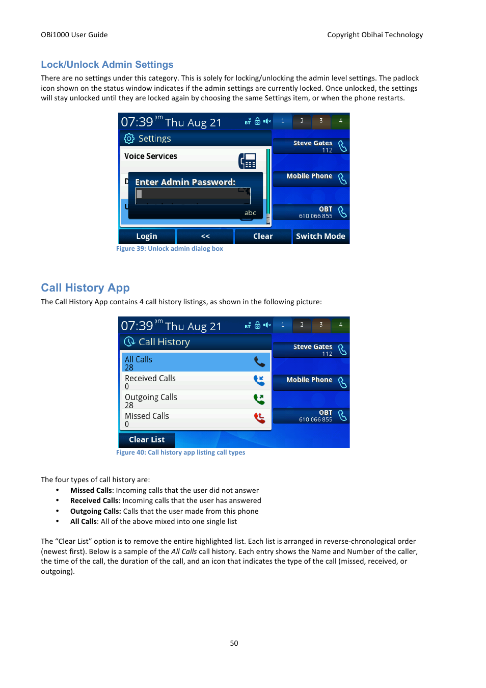 Call history app | Obihai OBi1000 User Guide User Manual | Page 50 / 62