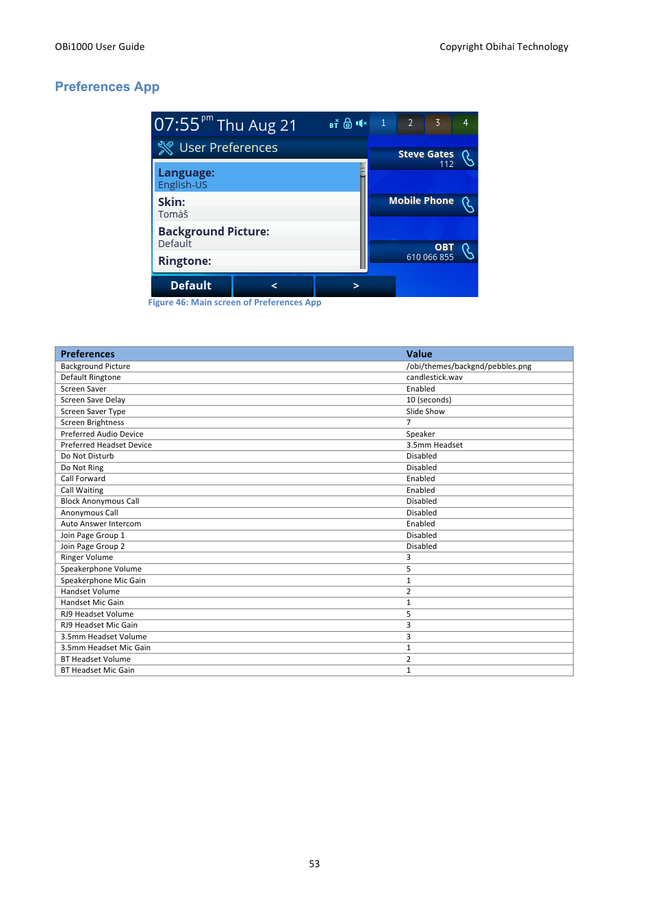 Preferences app | Obihai OBi1000 User Guide User Manual | Page 53 / 62