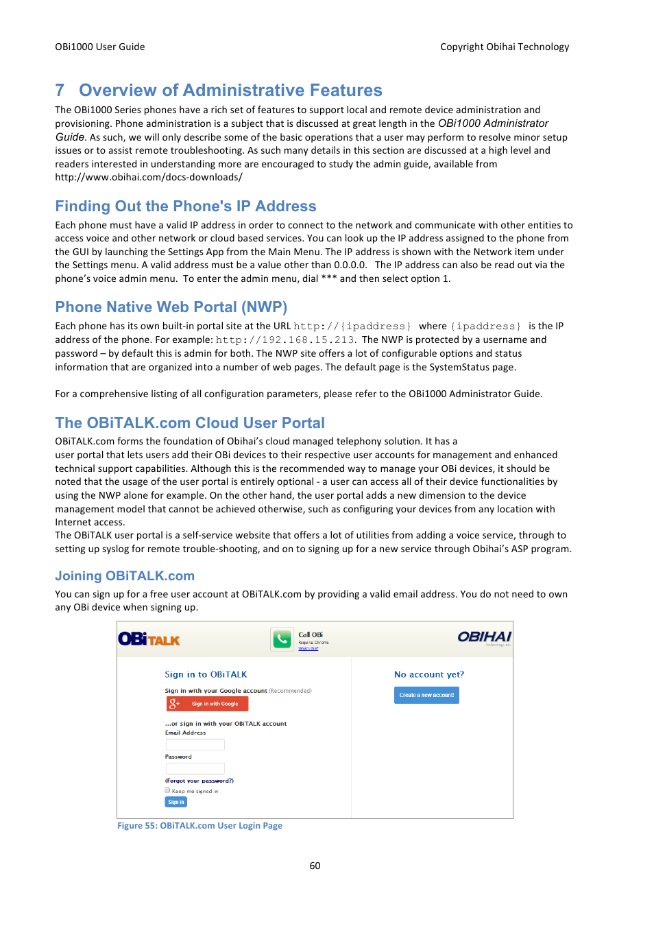 7 overview of administrative features, Finding out the phone's ip address, Phone native web portal (nwp) | Obihai OBi1000 User Guide User Manual | Page 60 / 62