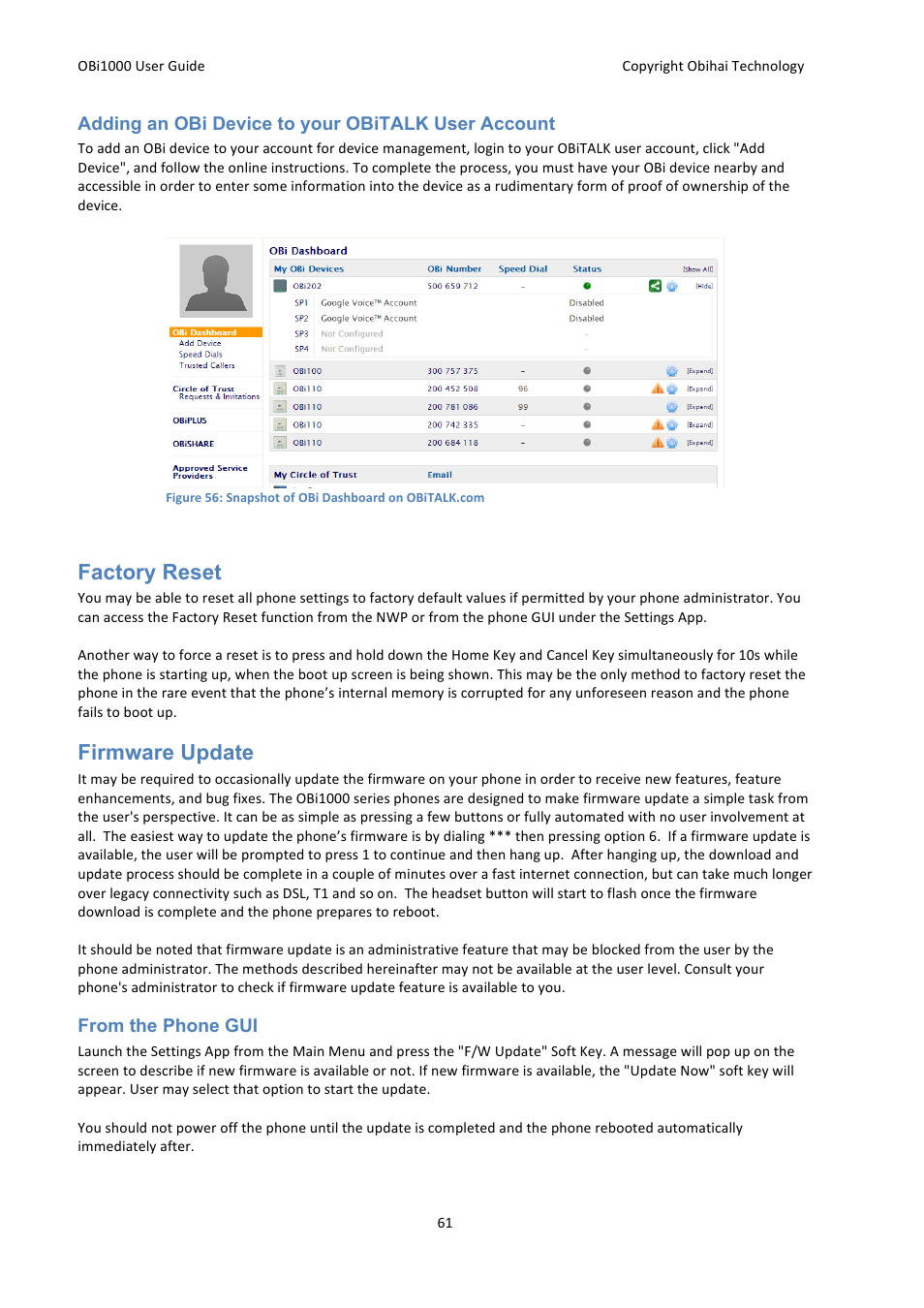 Factory reset, Firmware update | Obihai OBi1000 User Guide User Manual | Page 61 / 62