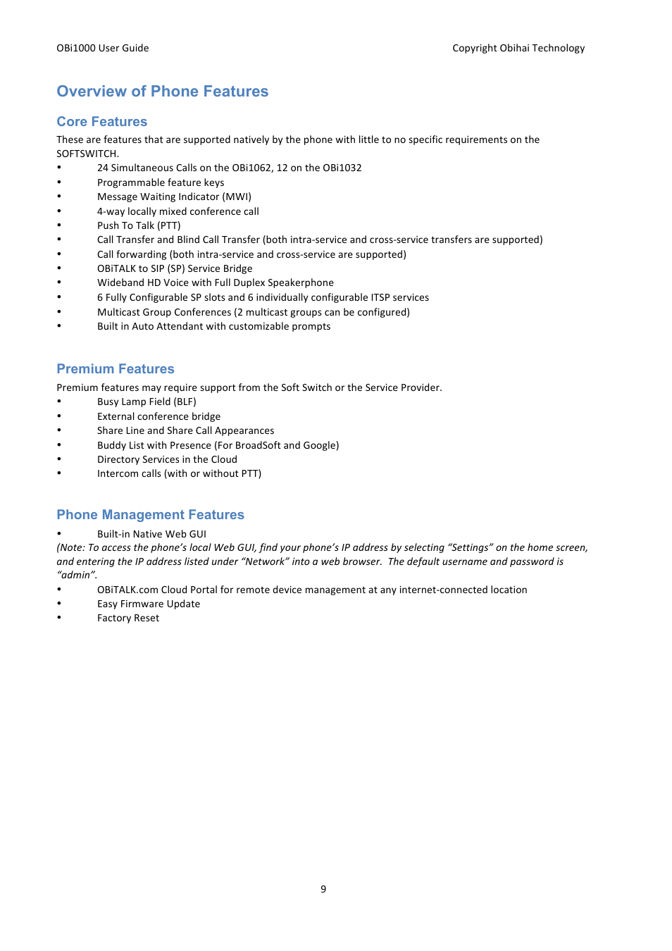 Overview of phone features | Obihai OBi1000 User Guide User Manual | Page 9 / 62