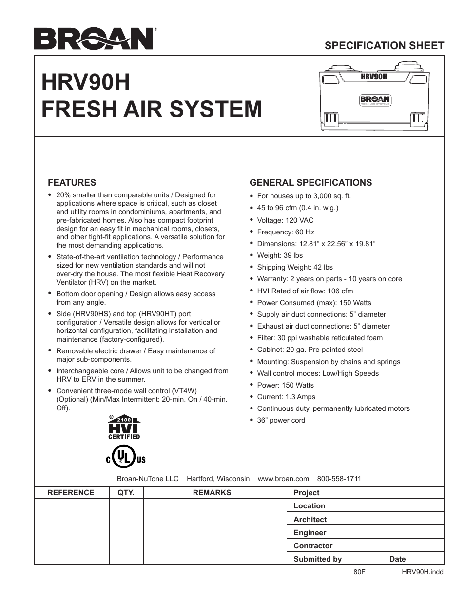 Broan Fresh Air System HRV90H User Manual | 2 pages