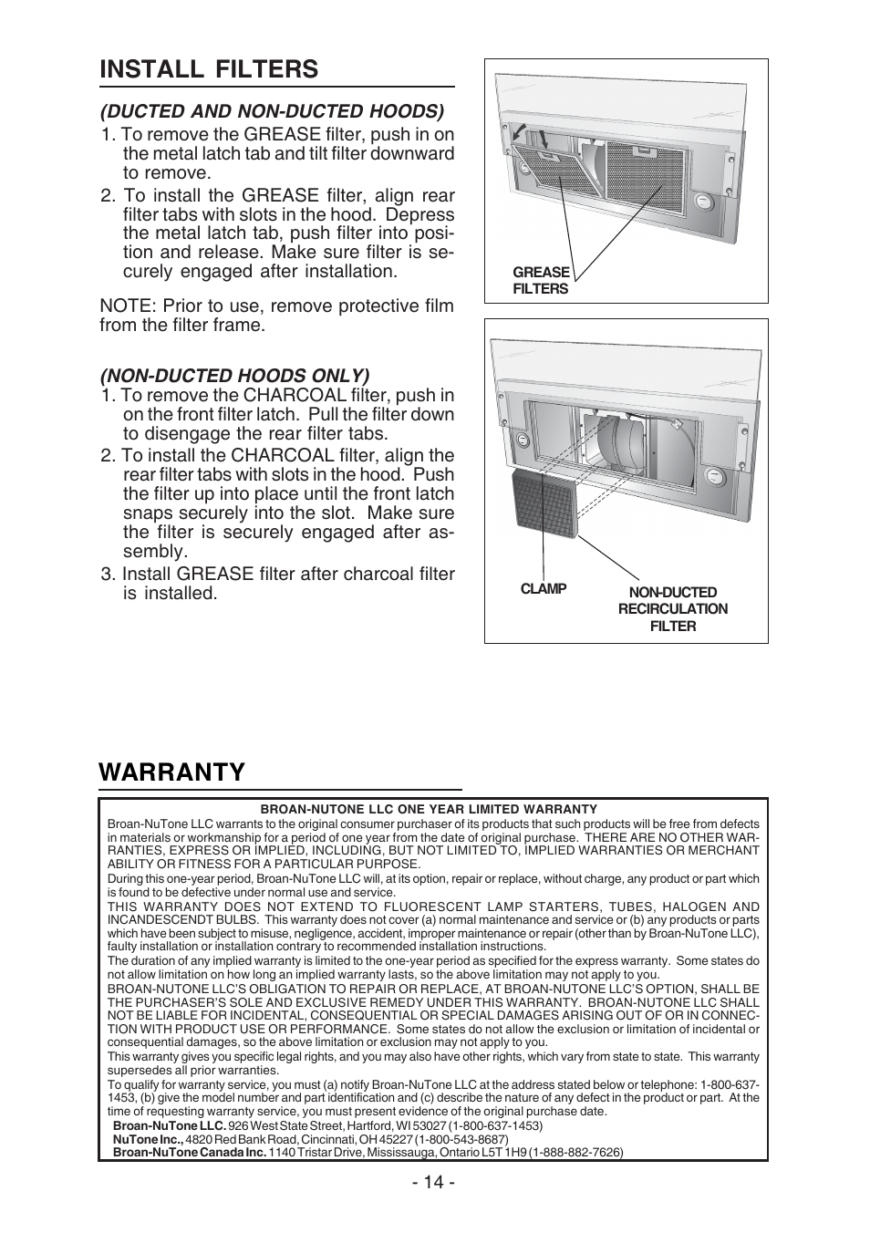 Warranty install filters | Broan E55000 User Manual | Page 14 / 44