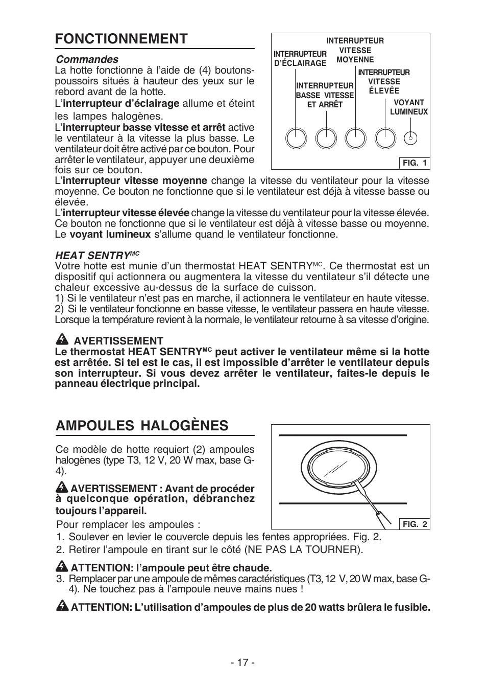 Fonctionnement, Ampoules halogènes | Broan E55000 User Manual | Page 17 / 44