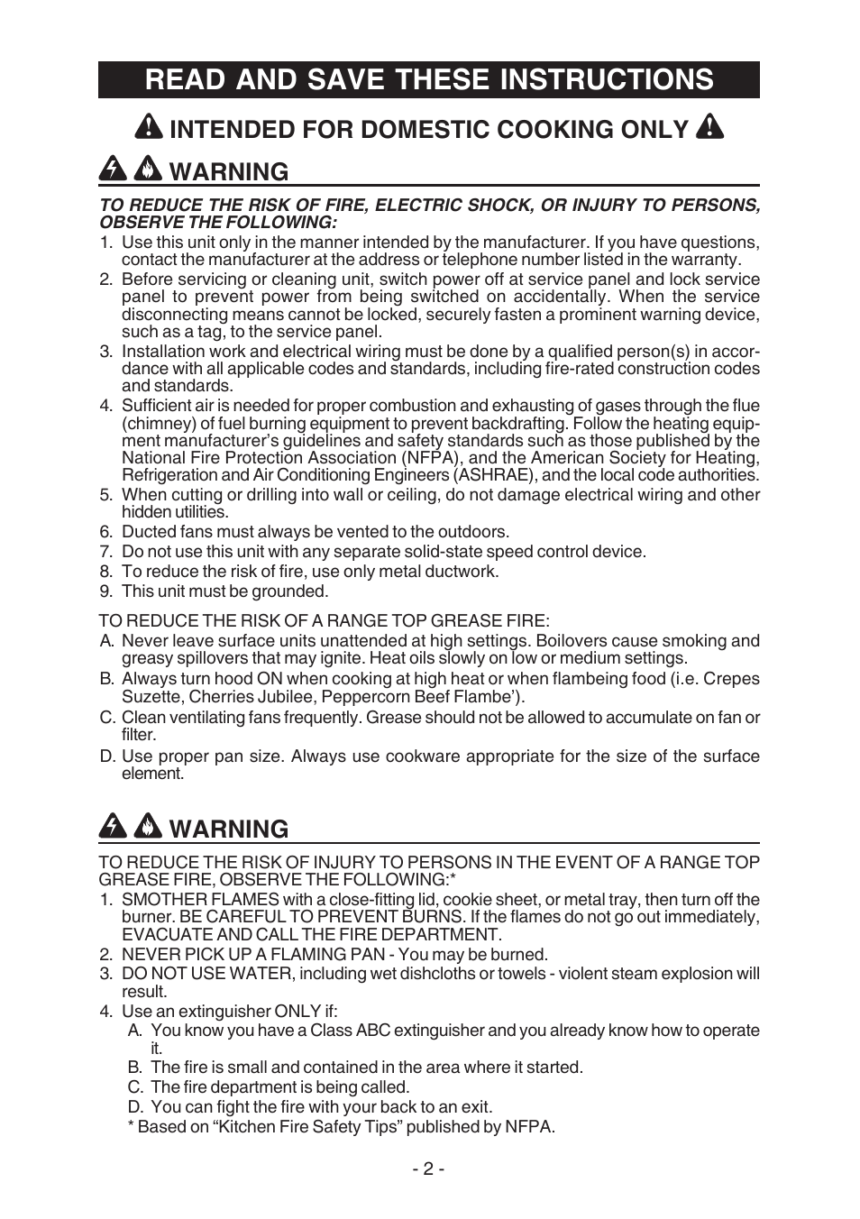 Read and save these instructions, Warning, Intended for domestic cooking only | Broan E55000 User Manual | Page 2 / 44