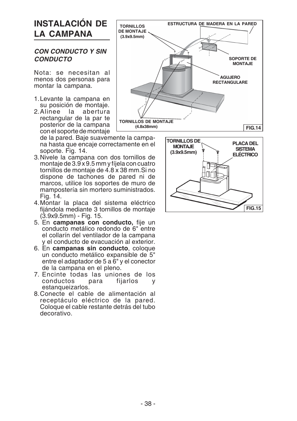 Instalación de la campana | Broan E55000 User Manual | Page 38 / 44