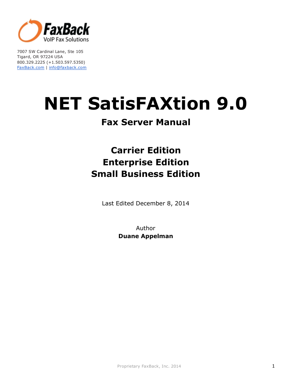 FaxBack NET SatisFAXtion 9.0 - Fax Server Manual User Manual | 203 pages