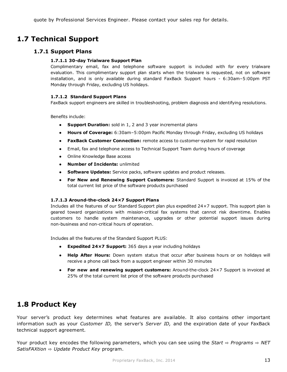 7 technical support, 8 product key | FaxBack NET SatisFAXtion 9.0 - Fax Server Manual User Manual | Page 13 / 203