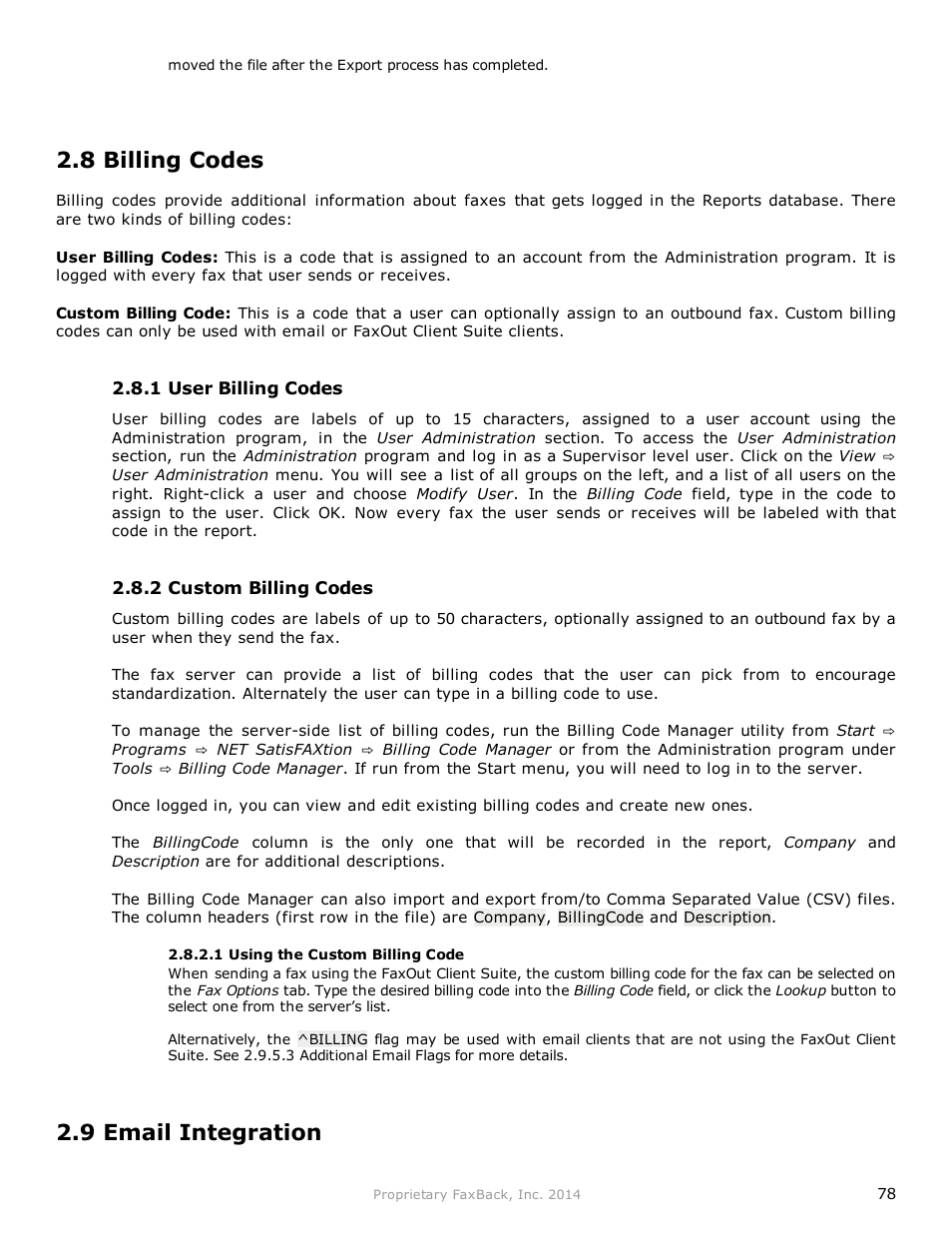 8 billing codes, 9 email integration | FaxBack NET SatisFAXtion 9.0 - Fax Server Manual User Manual | Page 78 / 203