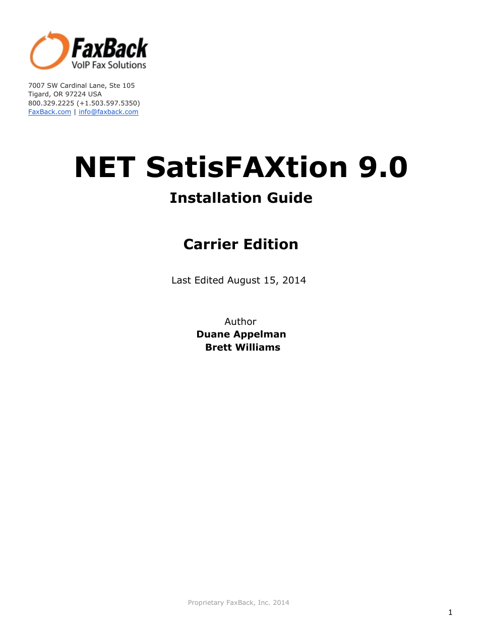 FaxBack NET SatisFAXtion 9.0 - Installation Guide (Carrier Edition) User Manual | 14 pages