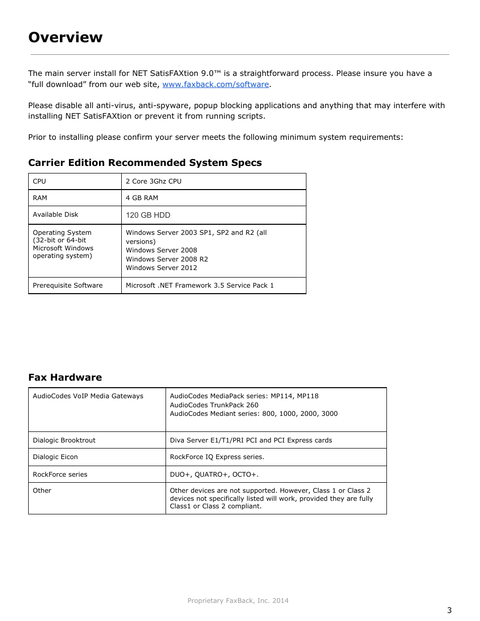 Overview, Carrier edition recommended system specs, Fax hardware | FaxBack NET SatisFAXtion 9.0 - Installation Guide (Carrier Edition) User Manual | Page 3 / 14
