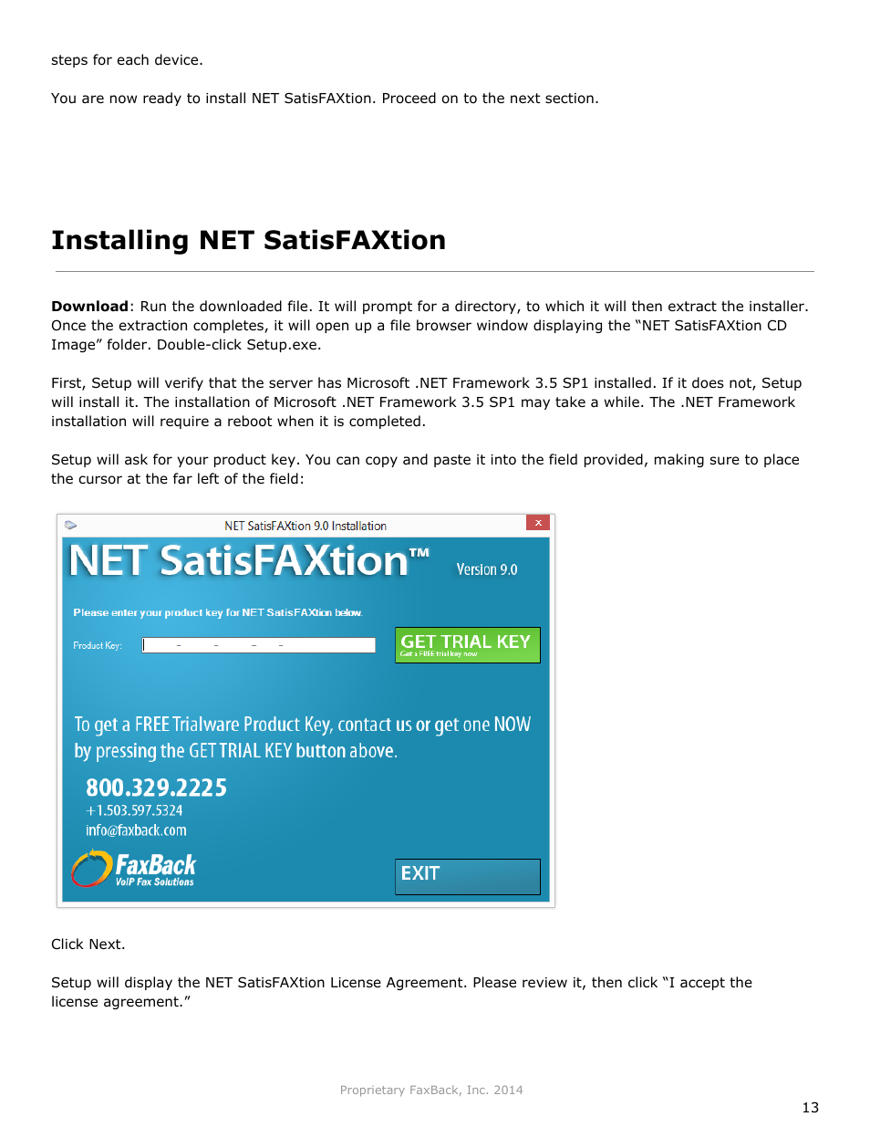 Installing net satisfaxtion | FaxBack NET SatisFAXtion 9.0 - Installation Guide (Small Business Edition) User Manual | Page 13 / 23