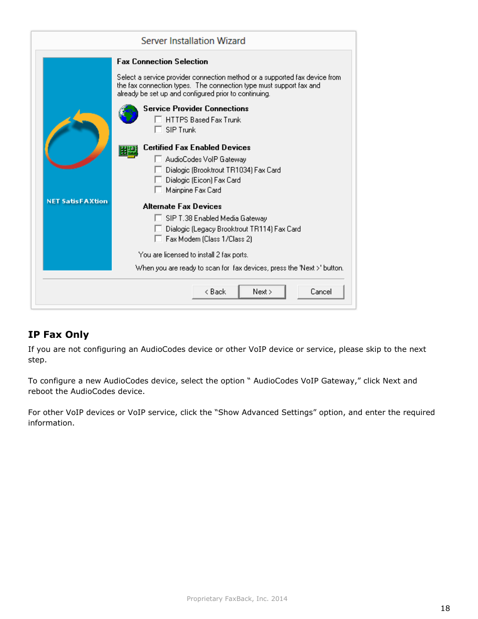 FaxBack NET SatisFAXtion 9.0 - Installation Guide (Small Business Edition) User Manual | Page 18 / 23
